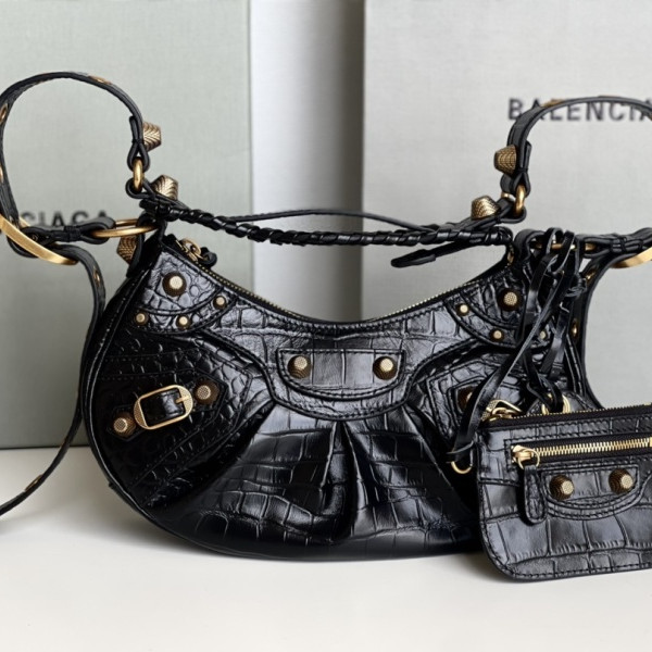 [GB] 발렌시아가 르 카골 크로커다일 이펙트 XS 블랙 골드 숄더백