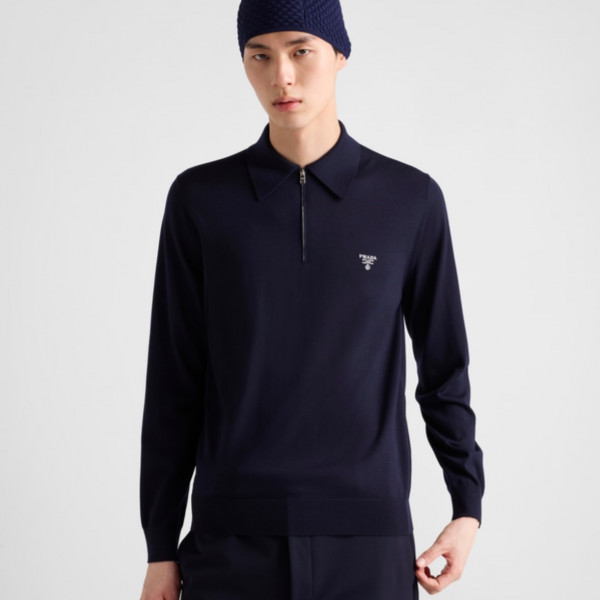 [잔디집] 프라다 반집업 네이비 긴팔 울 폴로티