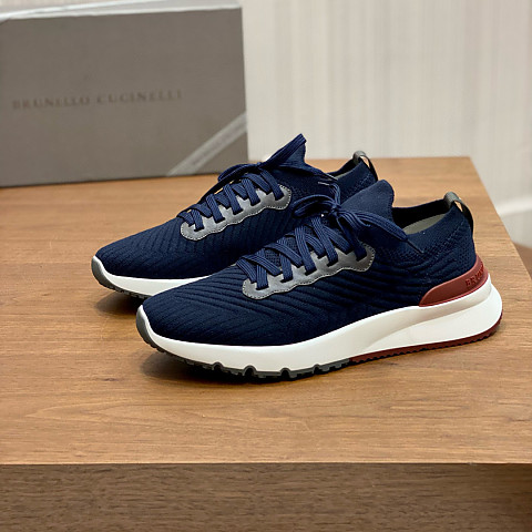 브루넬로 쿠치넬리 니트 카프스킨 러너 네이비 스니커즈