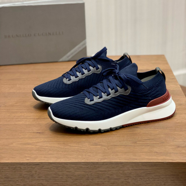 브루넬로 쿠치넬리 니트 카프스킨 러너 네이비 스니커즈