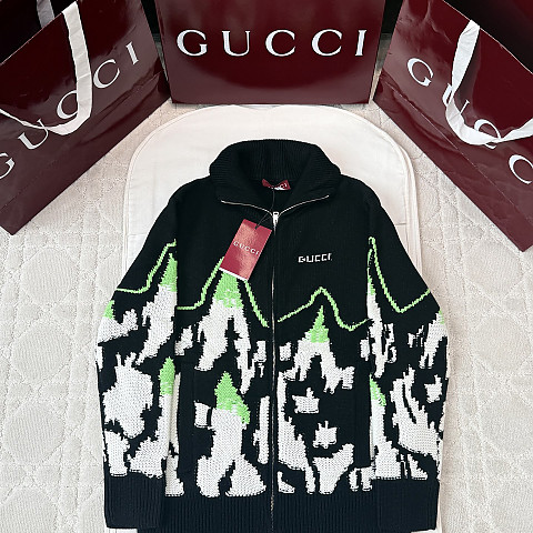 구찌 인타르시아 자카드 블랙 집업 울 니트 스웨터