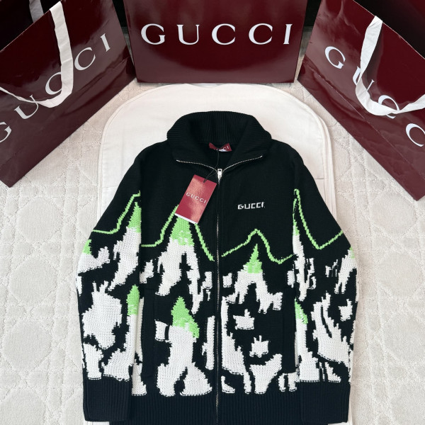 구찌 인타르시아 자카드 블랙 집업 울 니트 스웨터