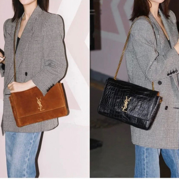 [블랙프레임] 생로랑 리버시블 스웨이드 미디엄 블랙 카라멜 케이트 숄더백