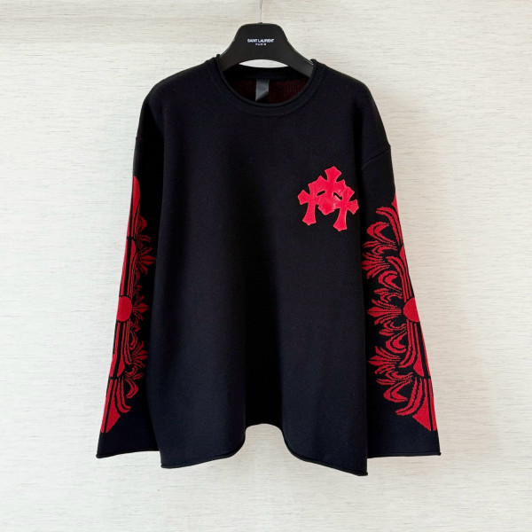 크롬하츠 크로스 패치 플로랄 블랙 레드 캐시미어 니트 스웨터