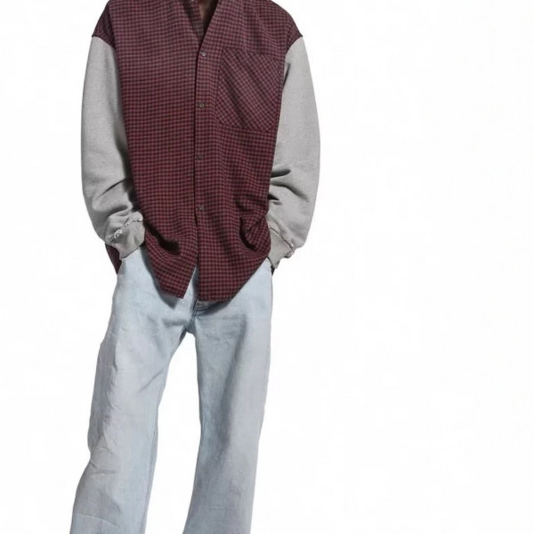 [A발렌샤] 발렌시아가 하이브리드 체크 레드 그레이 셔츠 후드