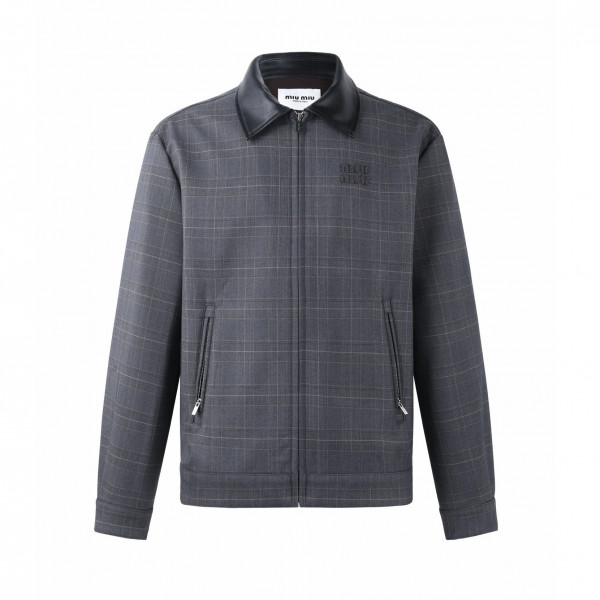 [잔디집] 미우미우 프린스 오브 웨일즈 체크 본디드 그레이 저지 블루종 자켓