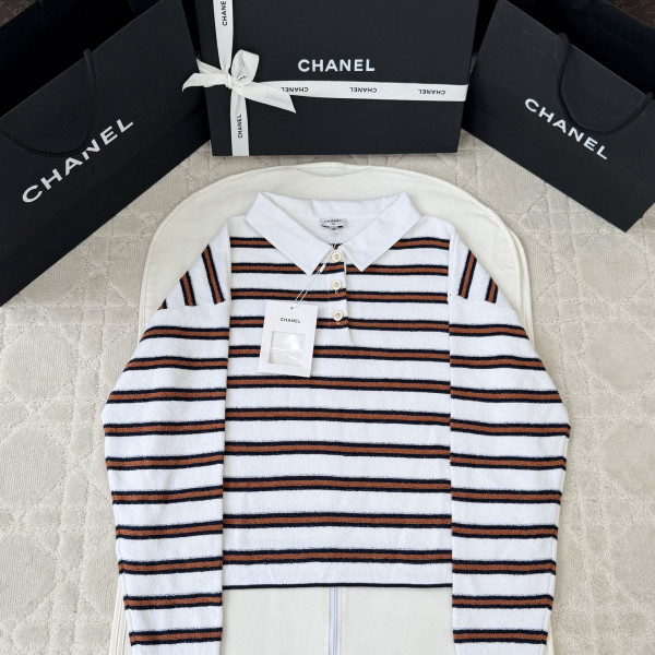 샤넬 스트라이프 화이트 브라운 폴로 셔츠