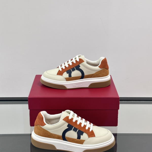 페라가모 간치치 패치 에크루 브라운 스니커즈