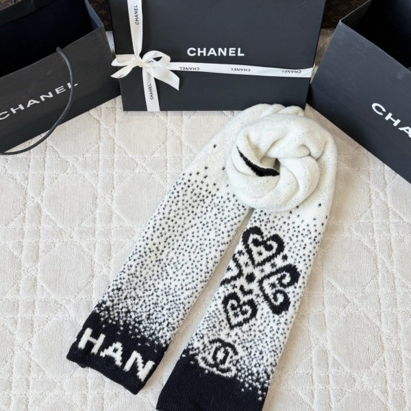 샤넬 화이트 블랙 울 캐시미어 스카프