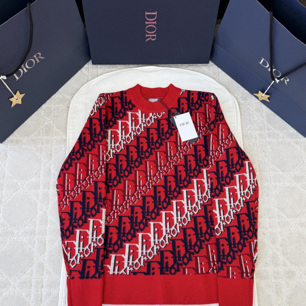 디올 오블리크 패턴 자카드 레드 울 니트 스웨터 여성복